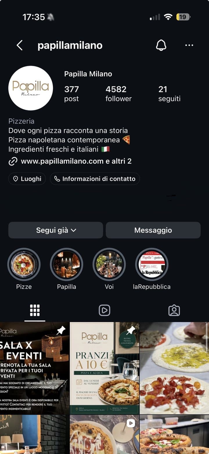 La pagina Instagram di Papilla Milano
