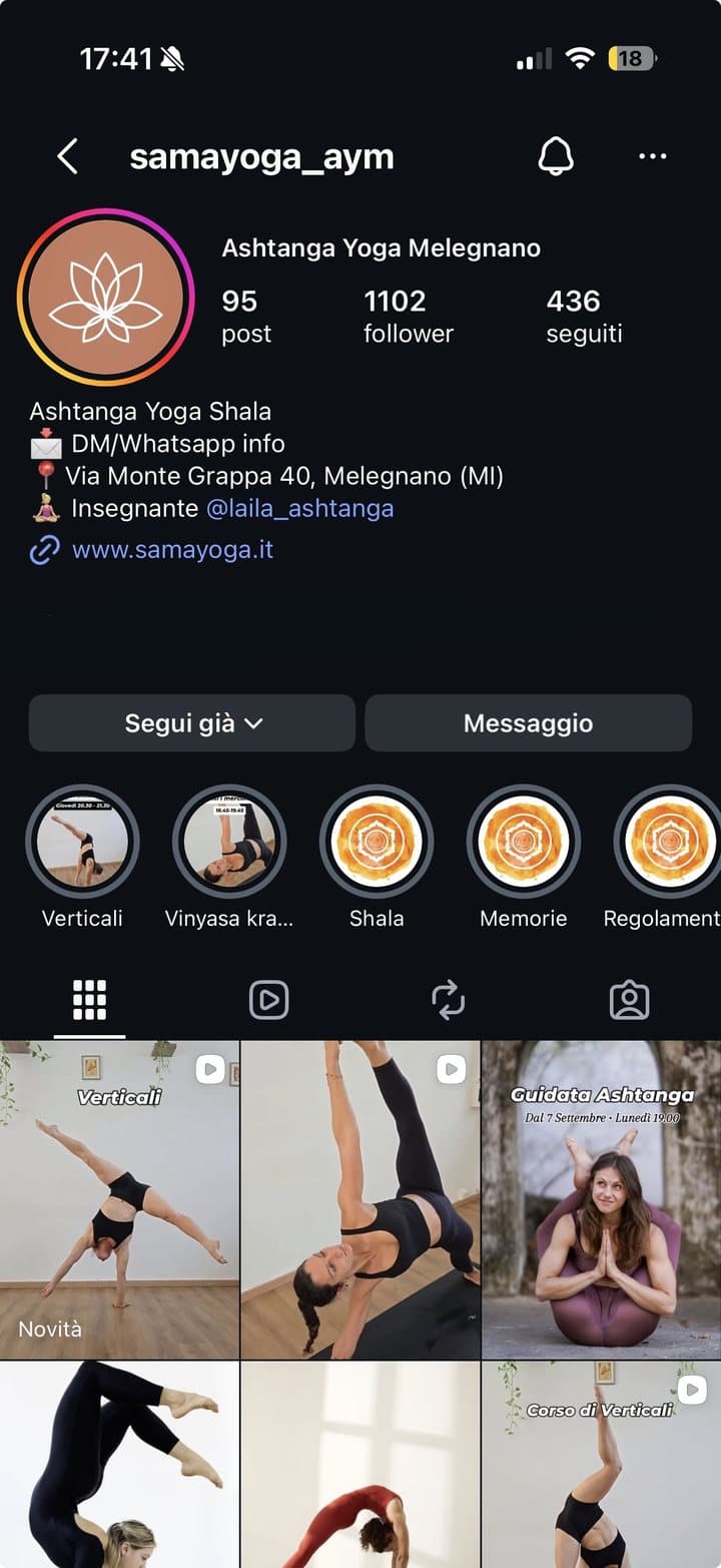 La pagina Instagram di Sama Yoga